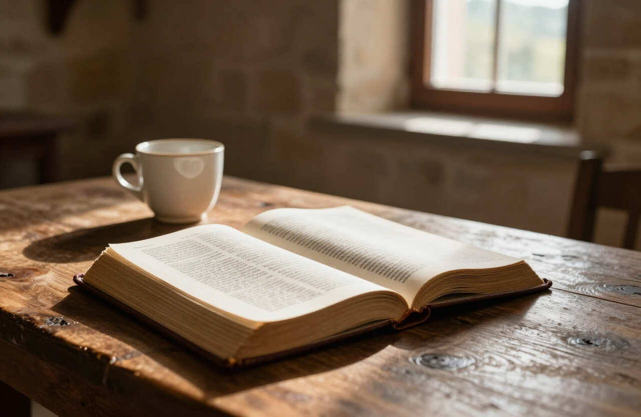 An open Bible in warm morning light on a wooden table