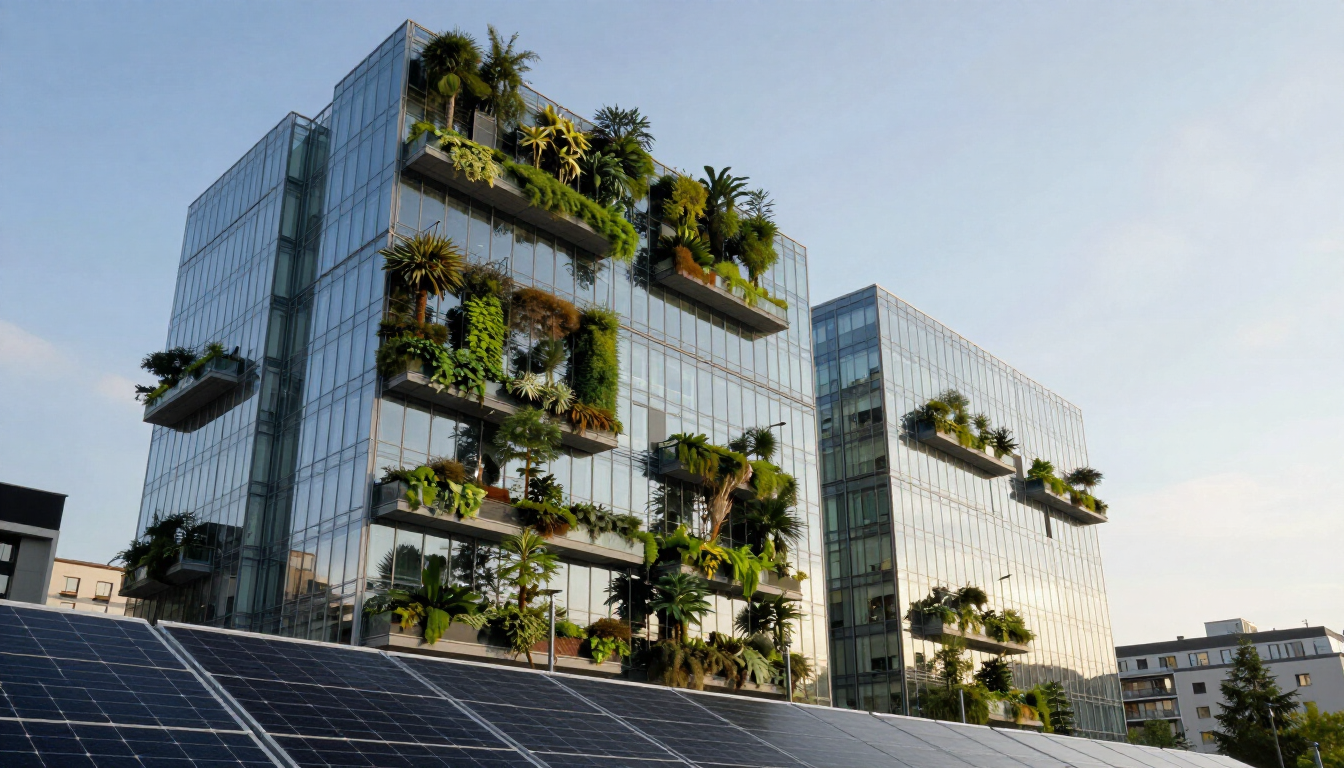 Edificio moderno con giardini verticali e pannelli solari nel distretto finanziario - I criteri ESG nella finanza
