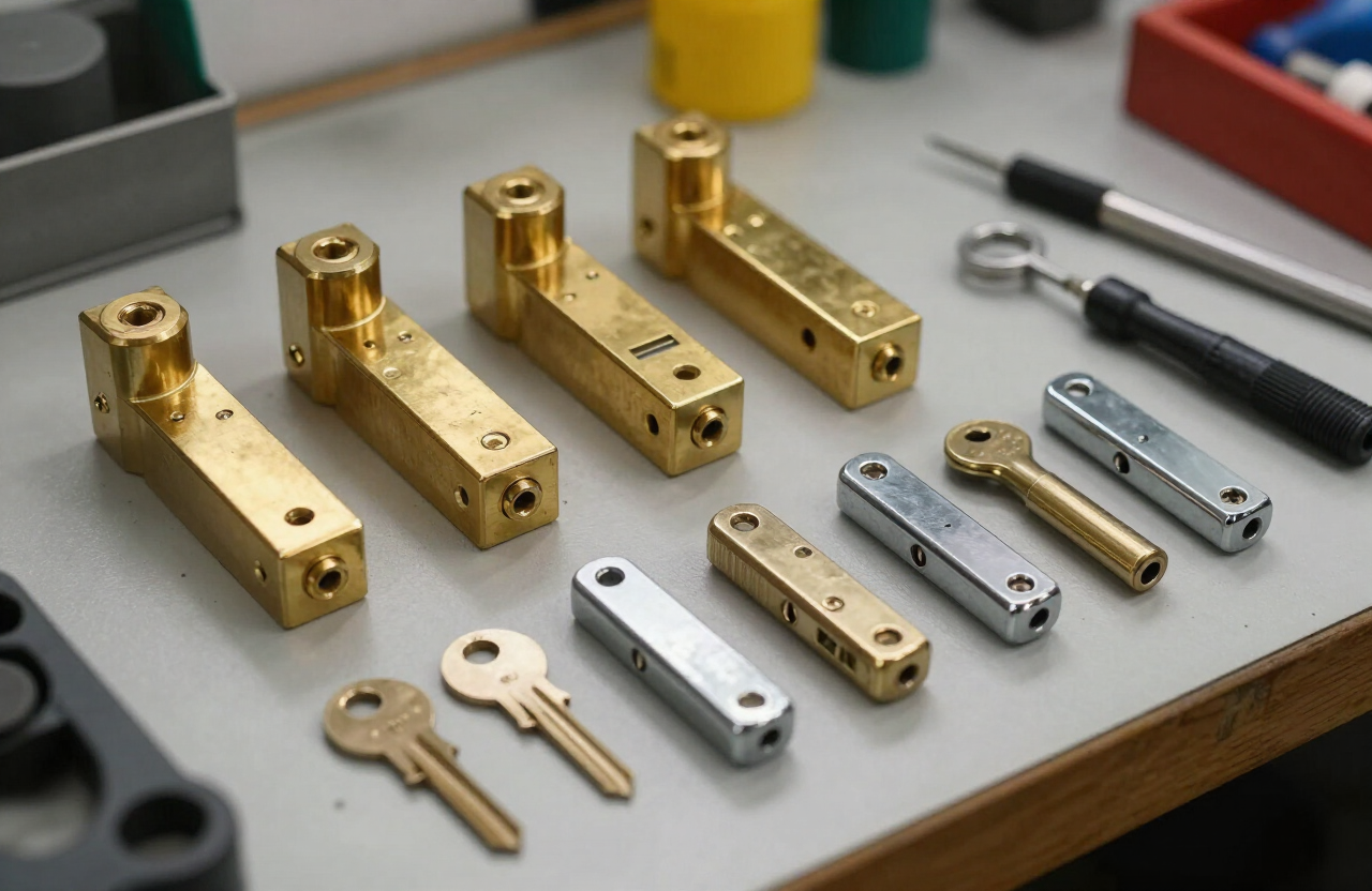 Lock cylinders and rekeying tools on a locksmith workbench